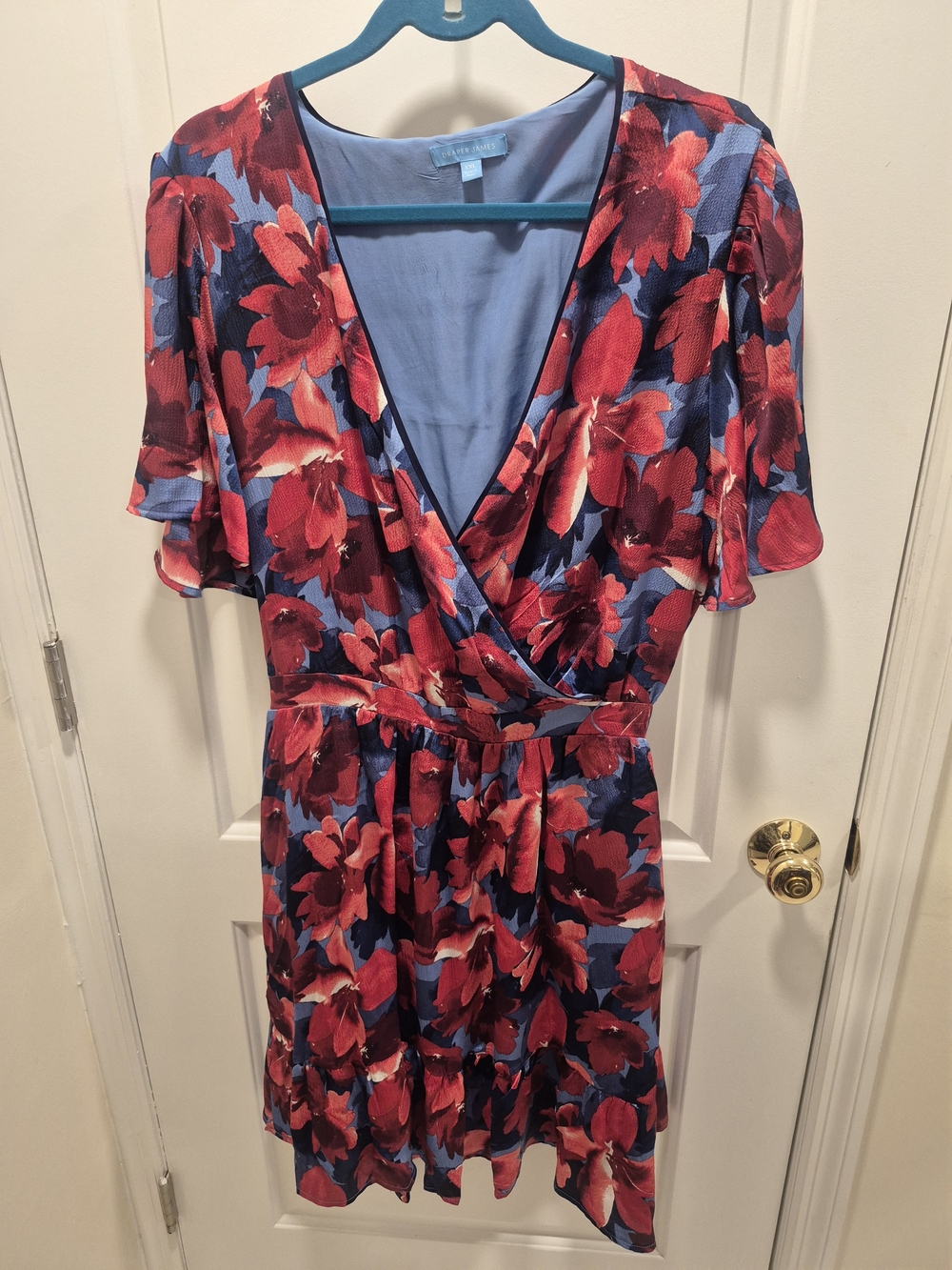 Draper James Floral Dress Lined - Light Blue with Red Floral Trim